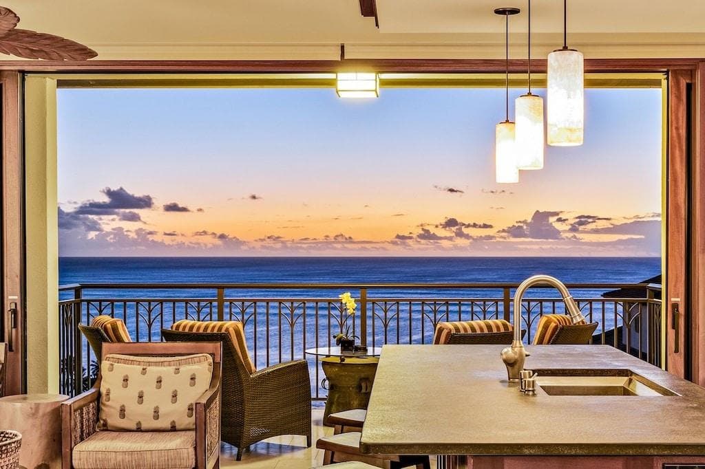 View of the Pacific Ocean from the main lanai off of the kitchen and living room