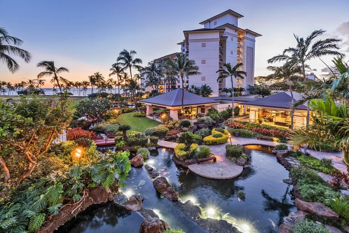 View of the beautifully landscaped Beach Villas grounds and koi pond below